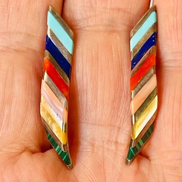 Zuni VTG Native American Sterling Turquoise Coral Onyx Opal Lapis Earrings - Picture 1 of 7